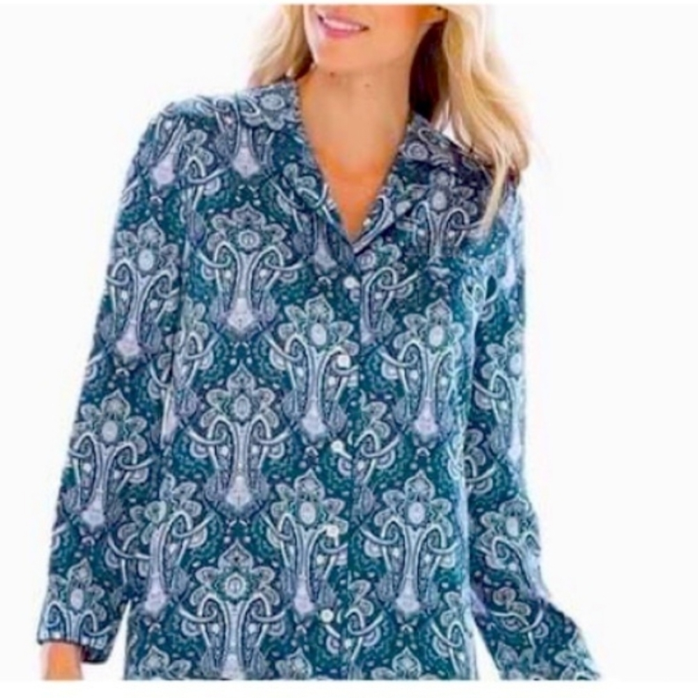 Soma Paisley Pajama Top Large NWT Womens Button Up Sleep Shirt Soft Stretch - Picture 2 of 7